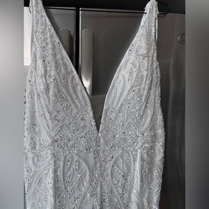 Long Beaded Fringed Slit Tulle Dress by Alyce